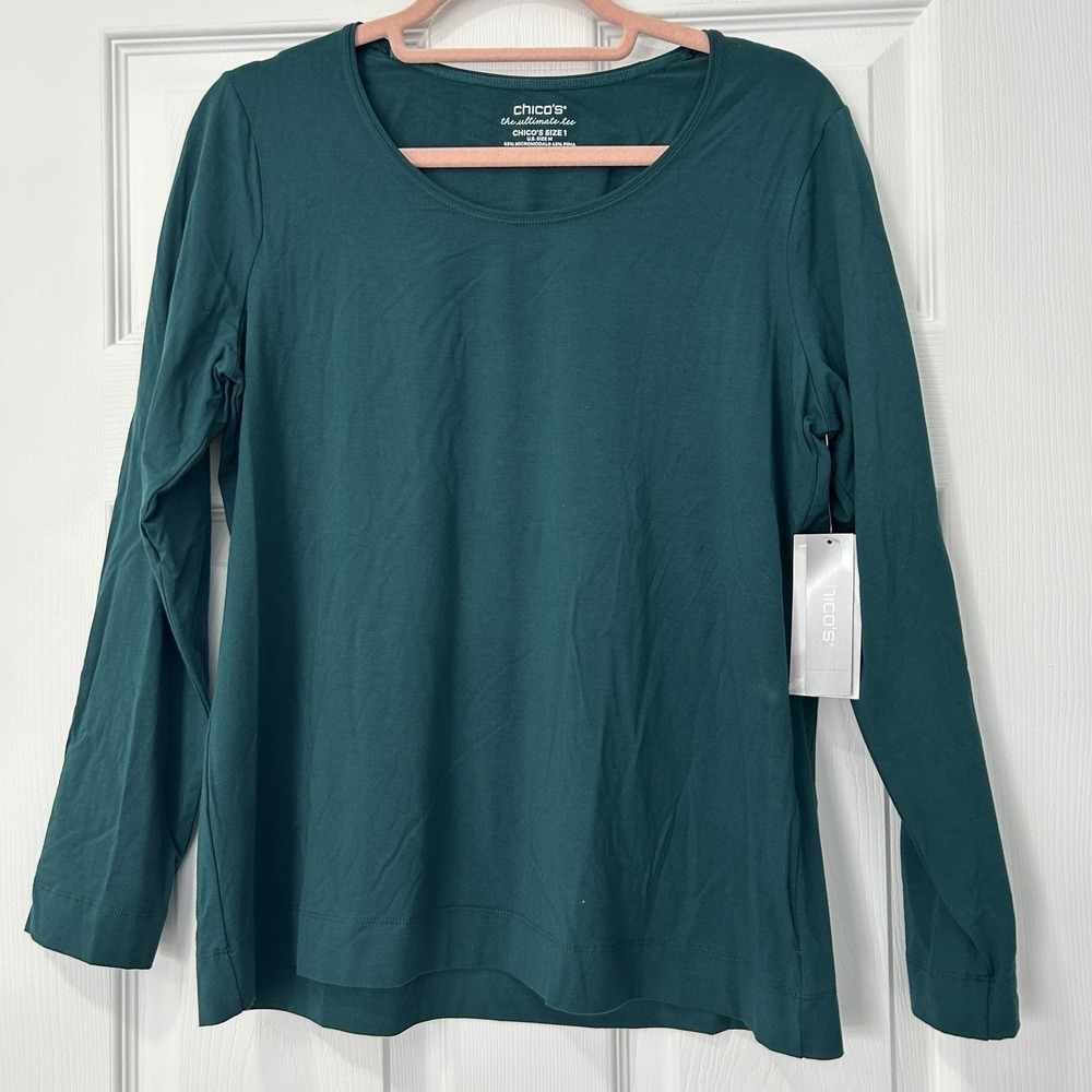 Chico's The Ultimate Tee Long Sleeve Women's Sz Medium Dark Green Casual Comfort - Picture 1 of 7